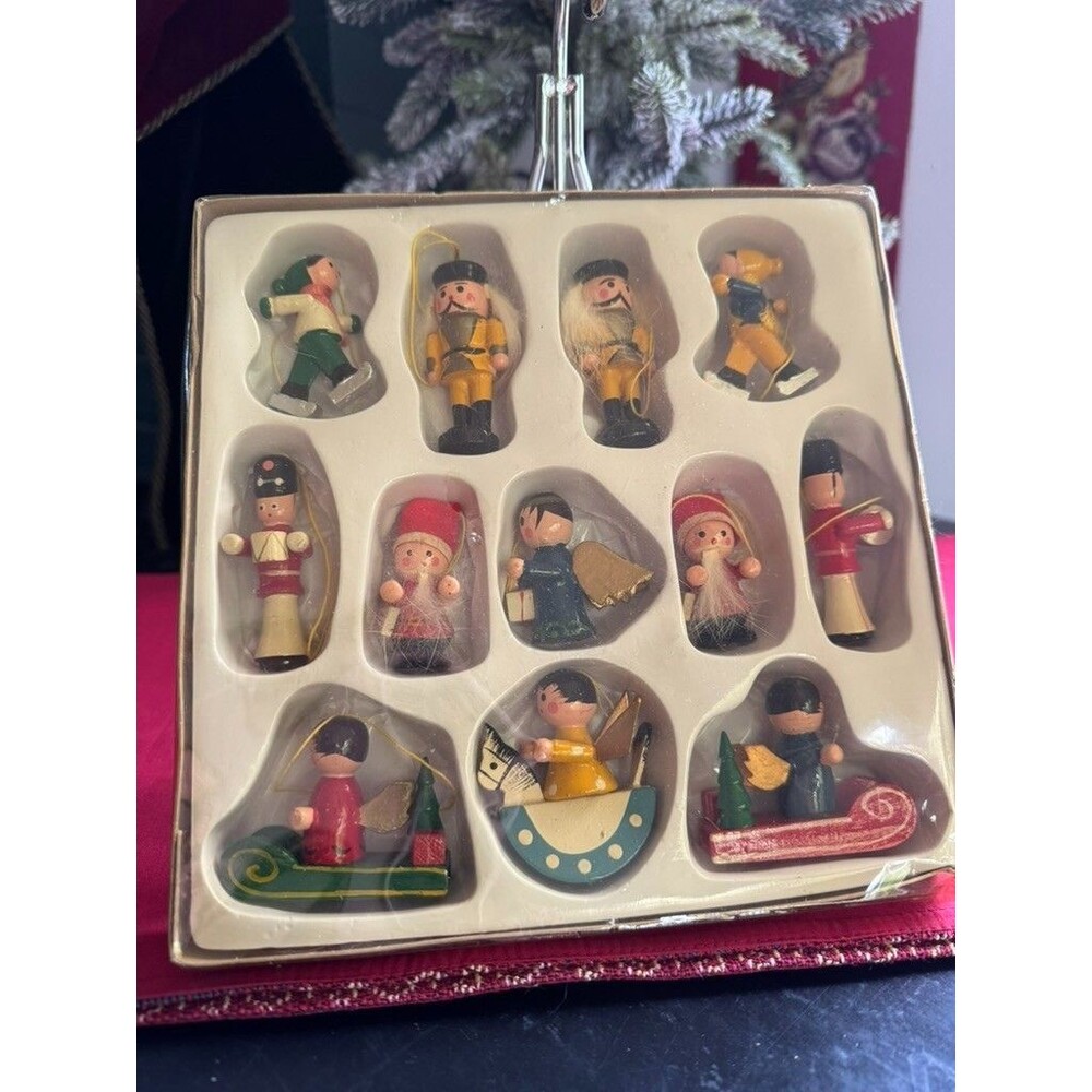 Vintage 80s Set 12 Hand Painted Wooden Christmas Ornaments USA Folk Art MCM